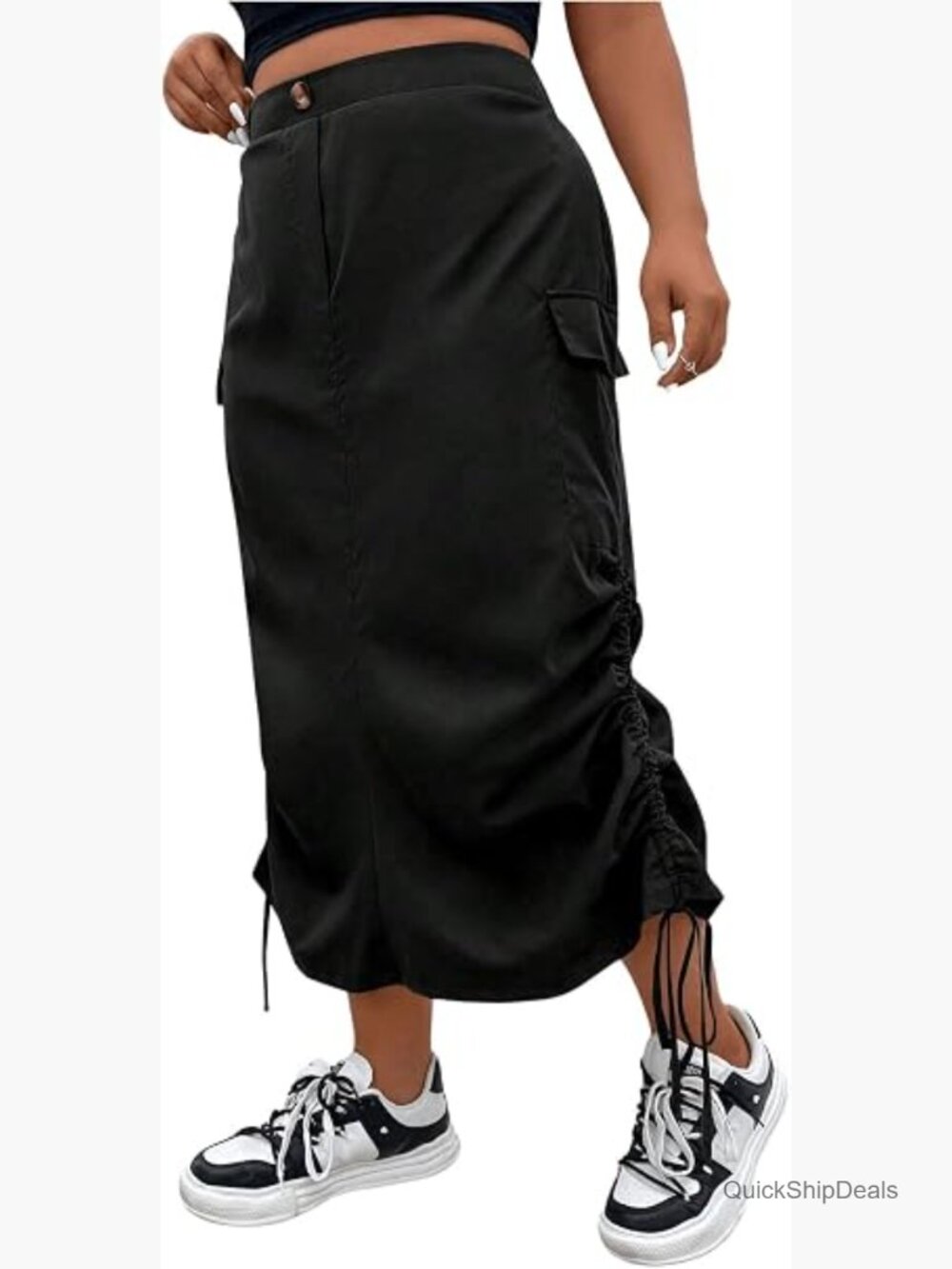 Plus Size Elastic High Waist Midi Cargo Skirt with Flap Pockets